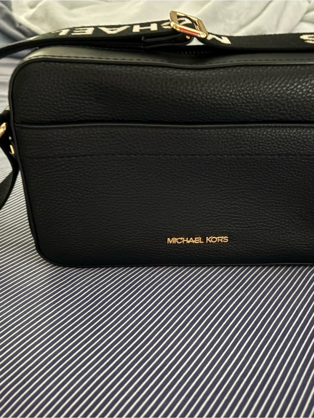 Michael Kors Black Pebbled Leather Messenger with Logo Strap